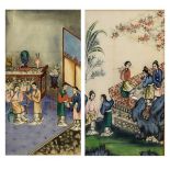 Pair of Chinese rice paper paintings depicting musicians on a balcony and interior scene, 29.5cm x