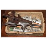 Small selection of woodworking tools to include; marking gauge, box of Stanley plane cutters No.