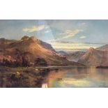 After Alfred de Breanski - Colour print - Scottish Highlands scene with cattle and fisherman, 50cm x