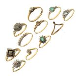 Group of 9ct gold and yellow metal dress rings, 20g gross approx
