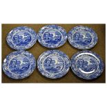 Set of six early 20th Century Copeland Spodes Italian dinner plates, oval blue printed mark