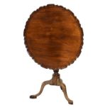 Reproduction mahogany snap-top supper table having pie crust border and carved knee tripod base,