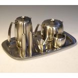 Old Hall stainless steel tea set comprising: teapot, hot water jug, milk and sugar with oblong tray,