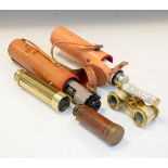 Pair of brass mother-of-pearl opera glasses and four pocket telescopes, two in leather cases