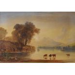 19th Century English School - Highland scene with cattle watering and figure on the shore, 49cm x