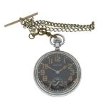 Military issue base metal pocket watch, black dial with luminous Arabic chapter and subsidiary,