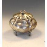 Continental white metal lidded pot of bulbous form with floral knop handle, 8cm high, 4.5toz approx
