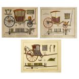 Set of three French coloured prints - Views of horse drawn carriages, having fleur de lys blind