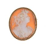 9ct gold shell cameo brooch carved with a female profile portrait of Flora, in 9ct gold rope-twist