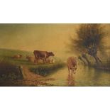 George Harris - Oil on canvas - Cattle watering, signed and dated 1899, 28.5cm x 49cm, in a gilt