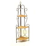 Wrought metal and seagrass three-tier corner what-not, 155cm high
