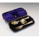 Victorian silver christening set of spoon, fork and napkin ring, London 1878, 4.8toz approx, in a