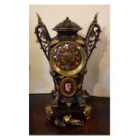 Late 19th Century French bronzed and gilt spelter, enamel and porcelain mantel clock, Vincenti &