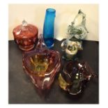 Selection of 20th Century glassware to include; Murano baskets, dishes, cranberry pot and cover, etc