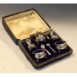 George V cased silver five piece cruet set, Birmingham 1914/15