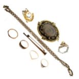 Group of gold and yellow metal jewellery to include; large Victorian mourning brooch with hair