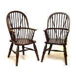 Pair of 20th Century beech and elm seat stick back Windsor armchairs, both having Air Ministry and