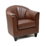 Modern tub chair upholstered in dark tan hide