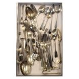 Collection of silver flatware to include; Georgian dessert cutlery, sugar tongs, teaspoons, etc,