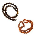 Two necklaces of tumbled amber-coloured beads, 41.8g gross approx