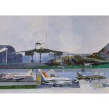 Peter Owell, (20th Century) - Watercolour - Montage of various aircraft including Concorde, signed