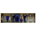 Group of assorted glassware to include; modern Bristol blue glass wines, vase, bottle etc,