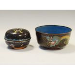 20th Century cloisonné circular pot and cover, 8.5cm diameter x 5.5cm high, together with a bowl,