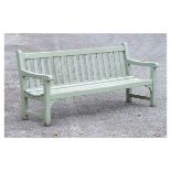 Green painted teak framed garden bench, 183cm wide