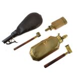 Gun Accessories - including brass powder flask, a smaller copper flask by Hawksley, two powder