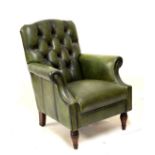 Good quality modern reproduction Laura Ashley library chair upholstered in button back green hide