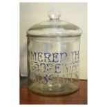 Glass biscuit barrel advertising 'Meredith and Drew Lim'd Biscuits', 25.5cm high