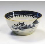 18th Century blue and white porcelain bowl decorated in underglazed blue with lakeside pavilions,