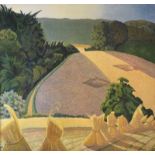 After John Nash - Coloured print - Hay ricks in a landscape, 47.5cm x 53cm, in oak frame