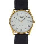 Longines - Gold-plated mid-size wristwatch with white Roman dial, date at 3, Quartz movement, 33mm