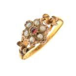 22ct gold seed pearl and red stone flowerhead cluster ring, size Q, 2.4g gross approx