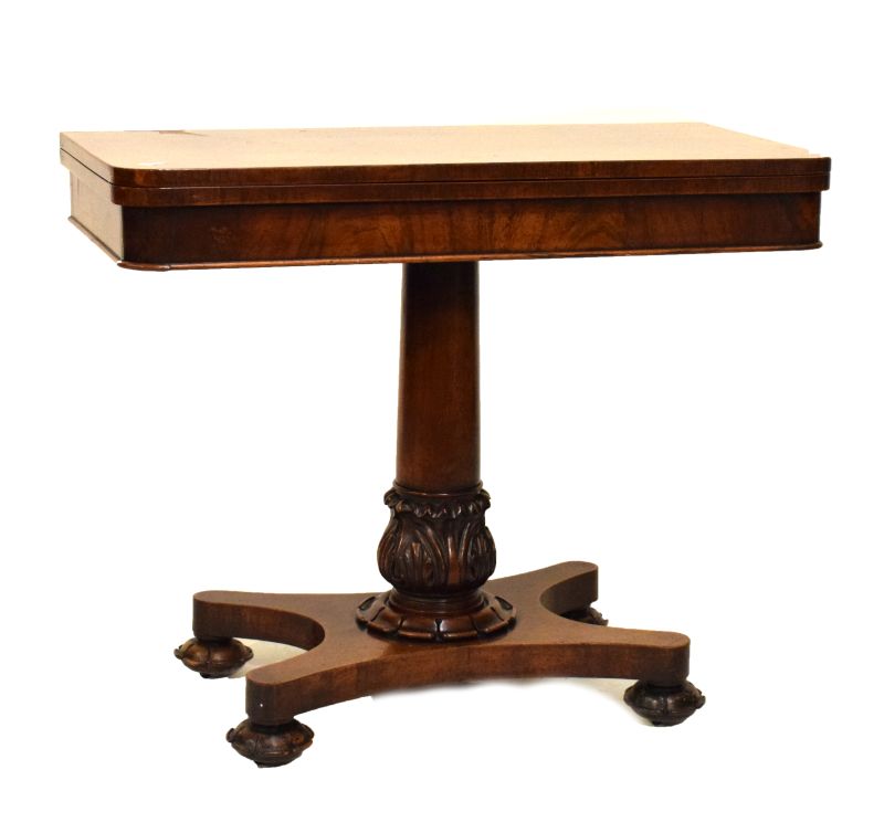 19th Century mahogany rectangular fold-over top tea table on central carved column and quadripartite