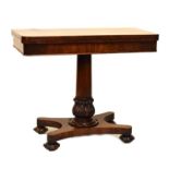 19th Century mahogany rectangular fold-over top tea table on central carved column and quadripartite