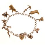 9ct gold curb-link charm bracelet with heart-shaped padlock and nine assorted gold and yellow