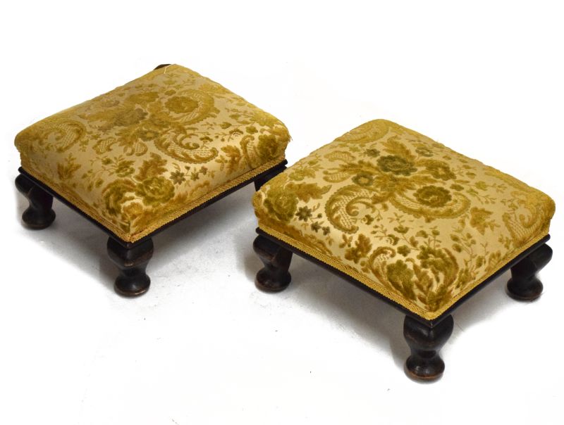 Pair of stained beech framed foot stools