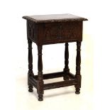 Early 20th Century oak joined stool having hinged cover, together with oak drop-leaf coffee table