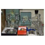 Selection of crystal glass and other giftware to include; three Burns Crystal glass decanters, boxed