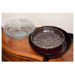 Two coloured glass bowls, and a 1930's period Belgium glass bowl having relief moulded floral base