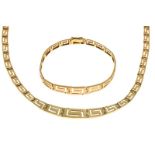 Yellow metal necklace and matching bracelet of Greek key design, both stamped 585, 28g gross