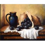 Modern oil on canvas - Still life of plums and jug, indistinctly signed and dated (20)'04, 50cm x