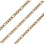 9ct gold long chain of flattened curb link design, 9.1g approx