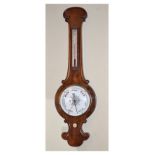 19th Century mahogany wheel barometer having alcohol thermometer fitted white ceramic dial, 92cm