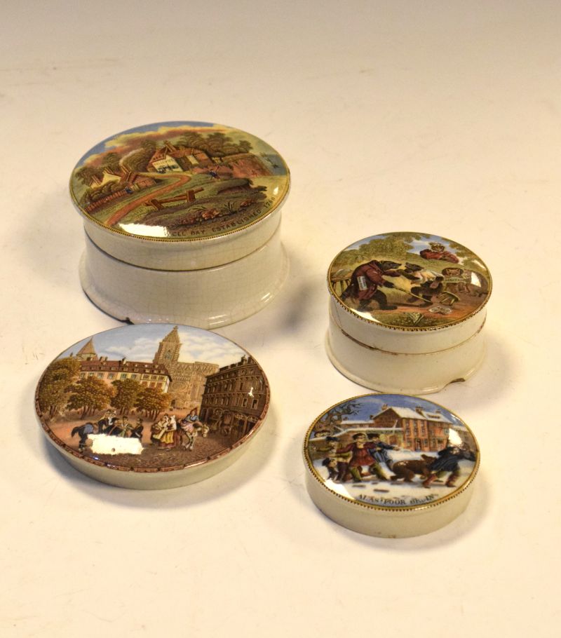 Four various Victorian Prattware pot lids comprising: 'Alas Poor Bruin', 7.5cm diameter, 'Bears At