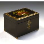 Victorian black-lacquered tea caddy, with hinged flower-painted cover enclosing two lidded