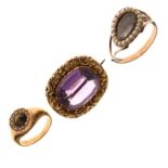 Yellow metal bar brooch set large faceted amethyst-coloured stone, together with two yellow metal