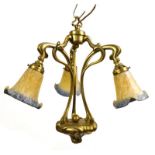 Reproduction brass Art Nouveau design three branch ceiling light fitting, fitted three marbled glass